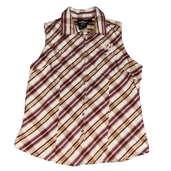 HARLEY DAVIDSON Button Up Sleeveless Red/Brown Plaid Shirt Women's Size L - Picture 1 of 10